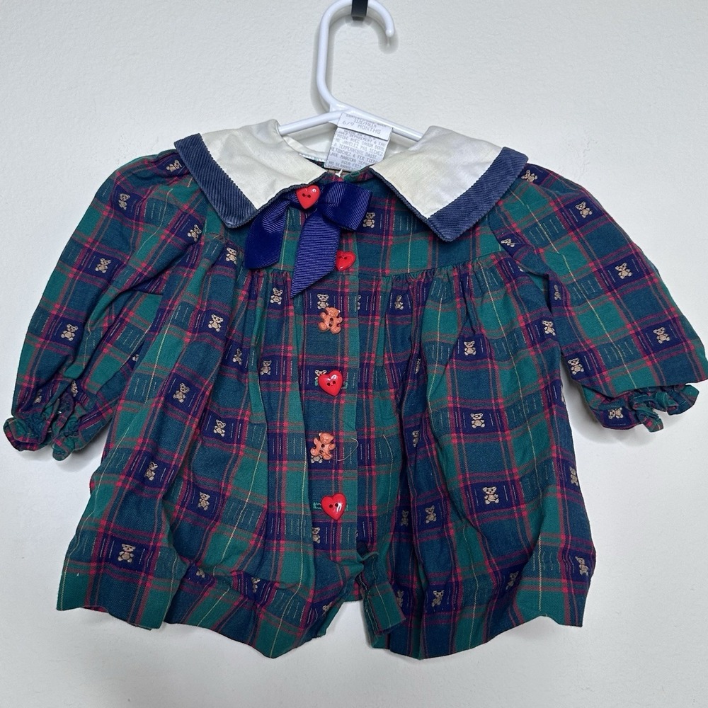 Vintage Flannel Tartan Plaid Blue Dress Goodlad Philadelphia Girl 6-9 Mon Bears